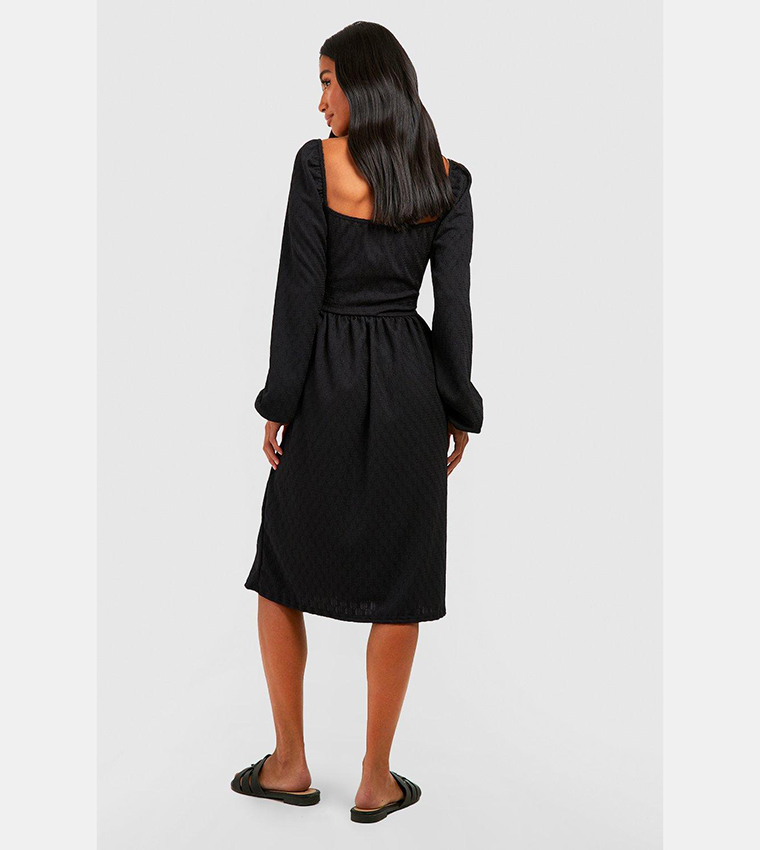Textured Puff Sleeves Midi Skater Dress