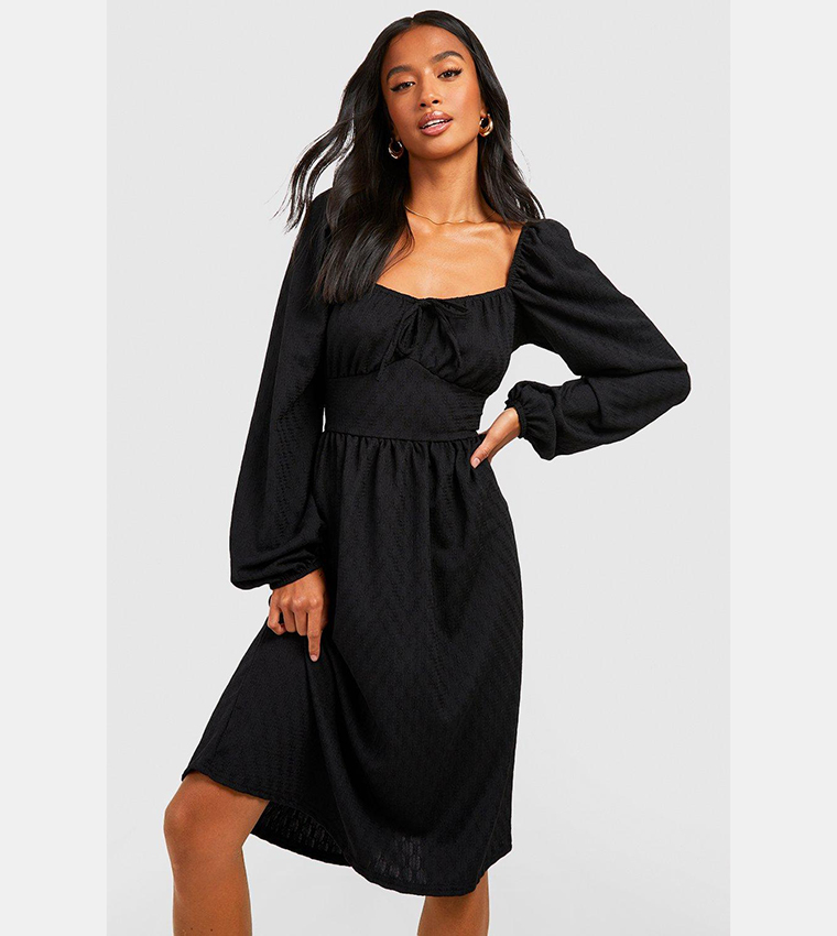 Textured Puff Sleeves Midi Skater Dress