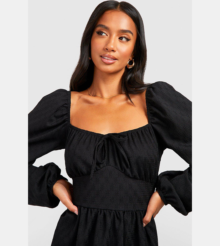 Textured Puff Sleeves Midi Skater Dress