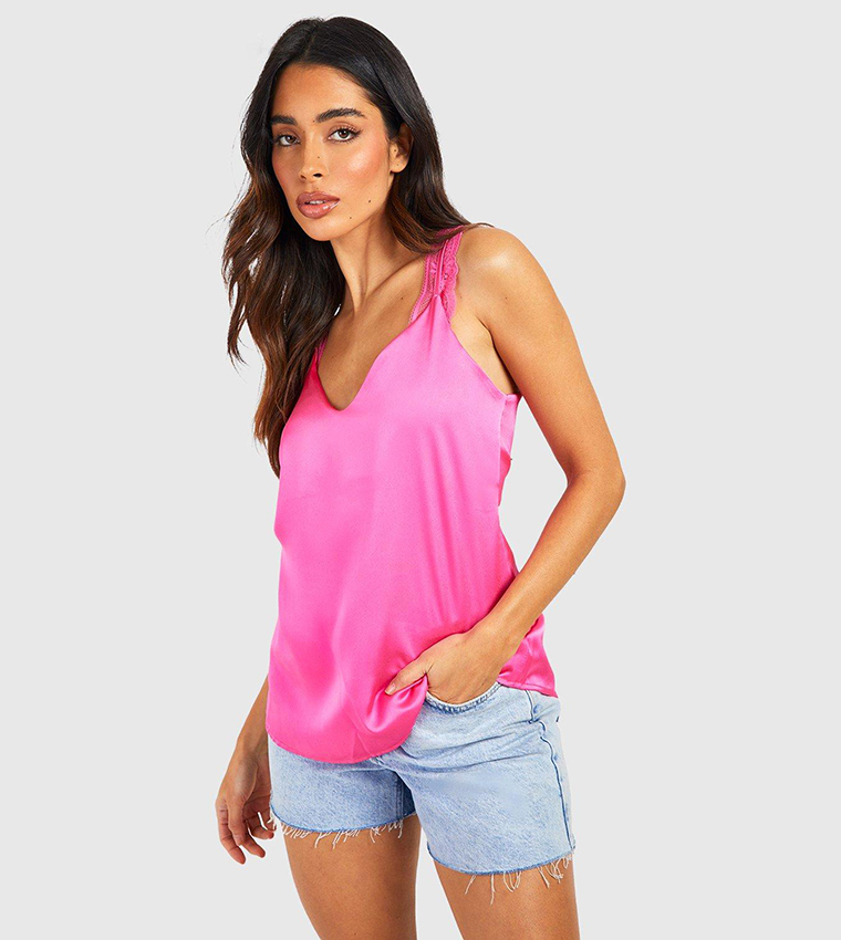Solid Lace Trim Ruched Strappy Cami Top