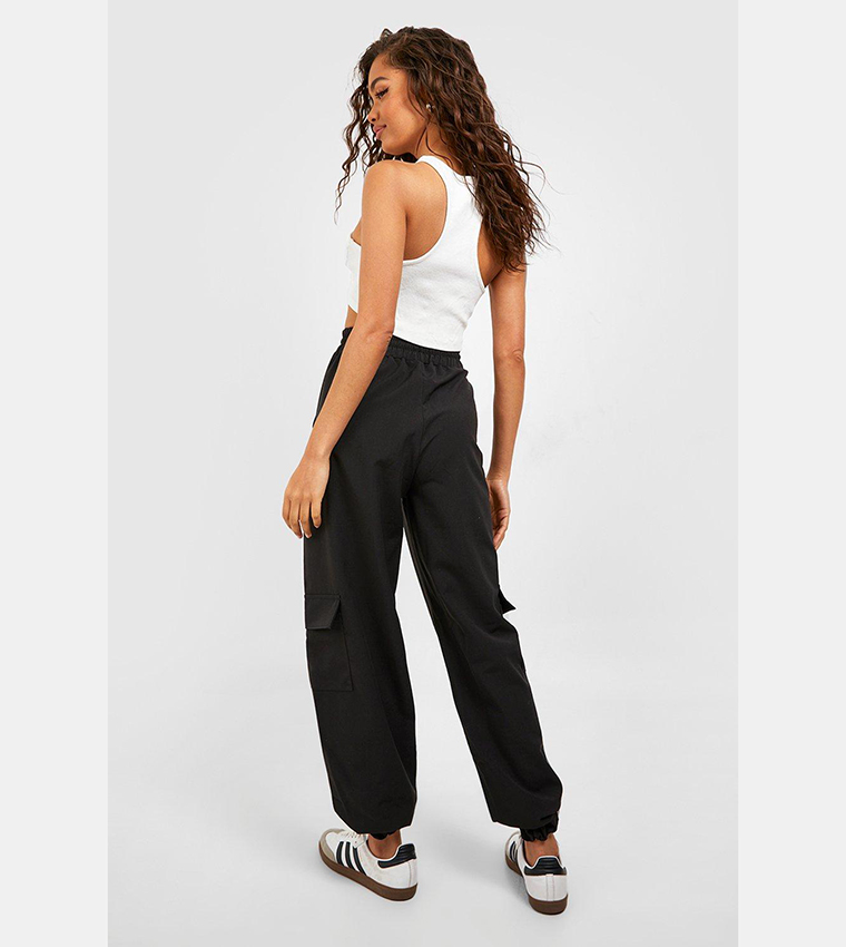 Buy Boohoo High Waisted Woven Cargo Joggers In Black