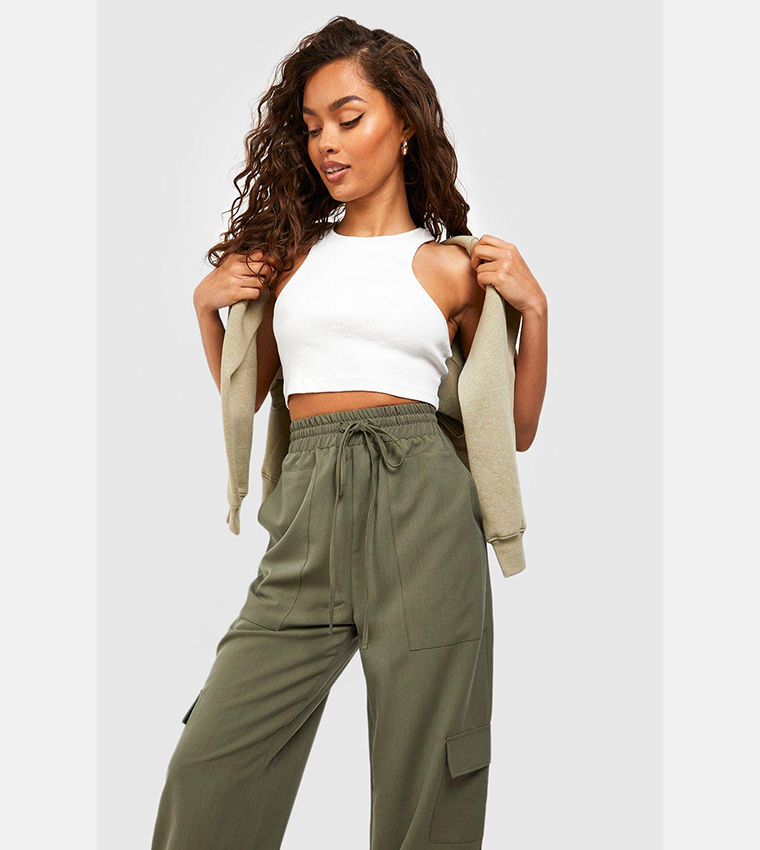 Buy Boohoo High Waisted Woven Cargo Joggers In Green