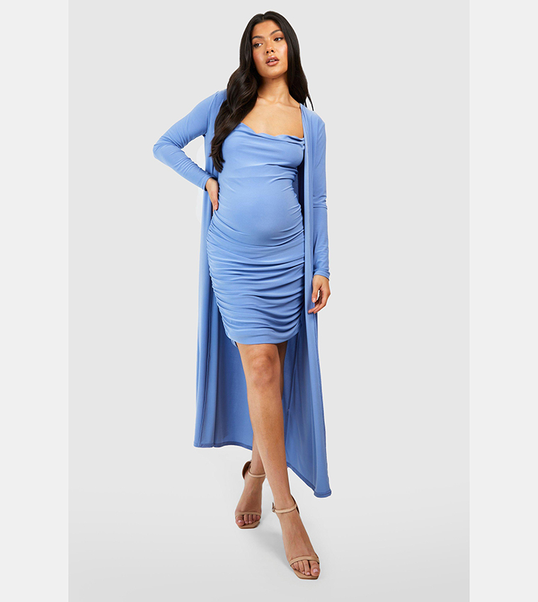Women's Maternity Strappy Cowl Neck Dress And Duster Coat