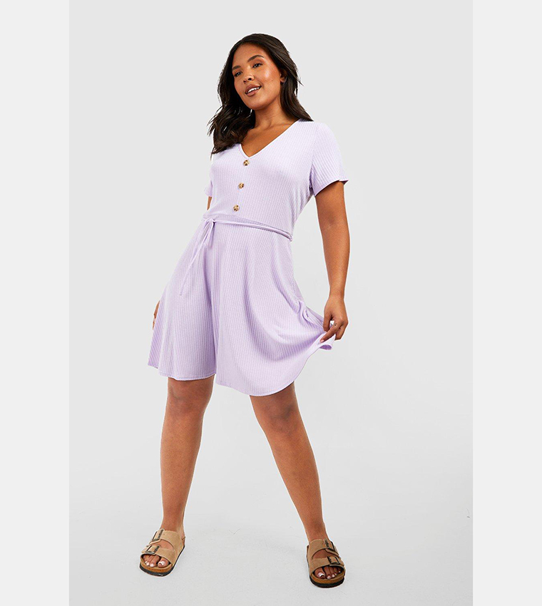 Buy Boohoo Soft Ribbed Horn Button Short Sleeves Skater Dress In Lilac 6thStreet Qatar