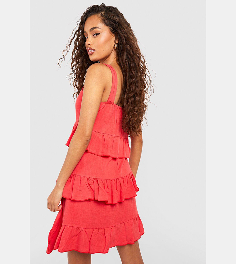 Buy Boohoo Linen Tiered Ruffle Sun Dress In Coral 6thStreet Kuwait