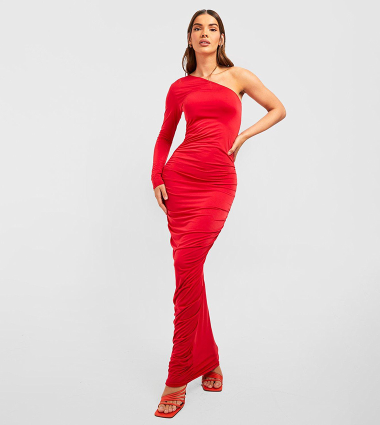 RED One shoulder slinky ruched dress, Dresses