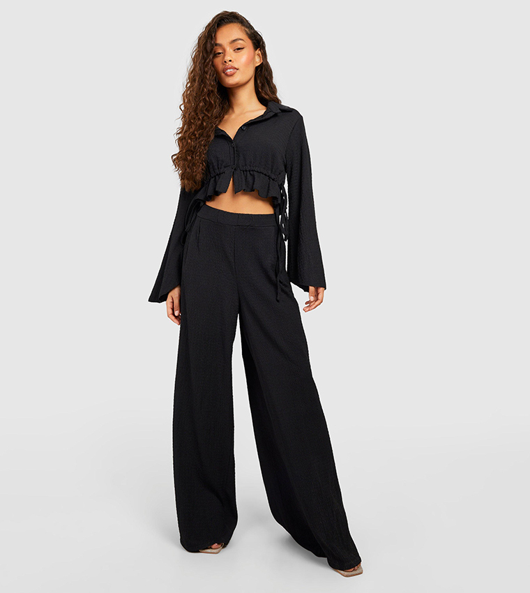 Black crinkle wide leg trousers sale