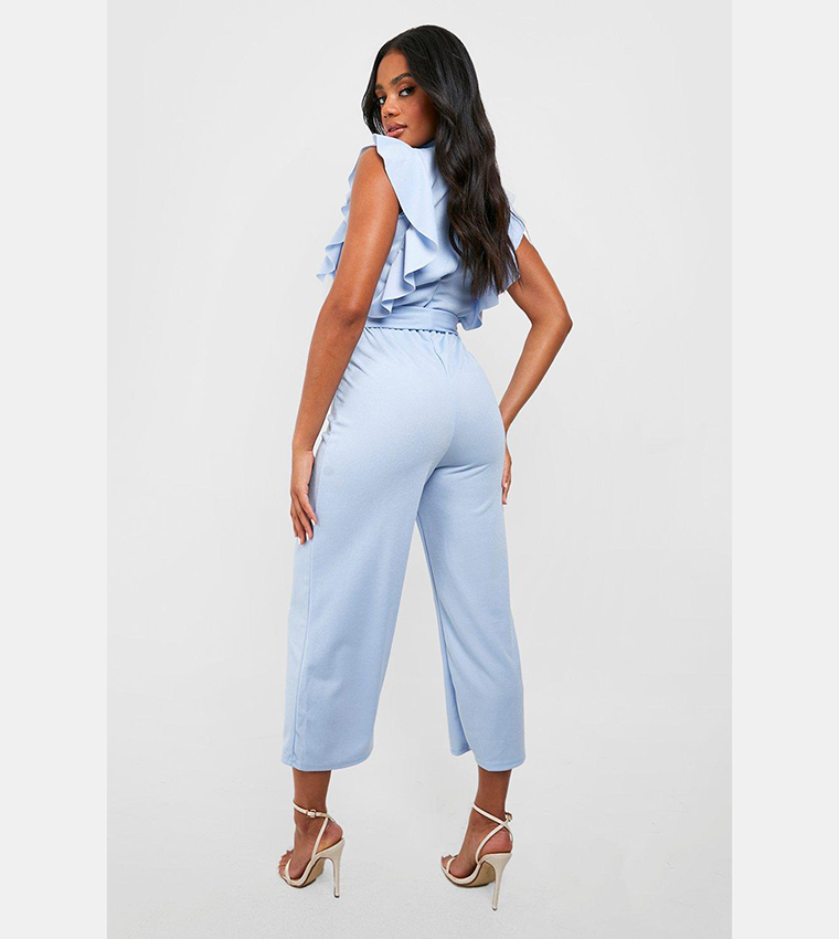 Buy Boohoo High Neck Frill Detail Belted Culotte Jumpsuit In Light