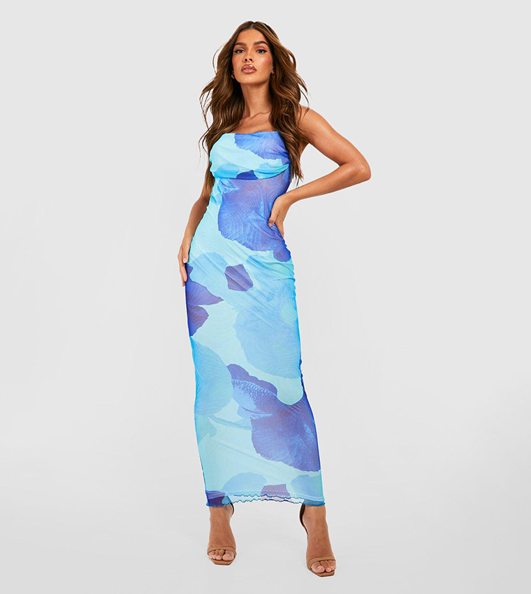 Buy Boohoo Abstract Floral Print Mesh Maxi Slip Dress In Blue