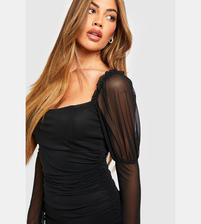 Buy Boohoo Outlet Mesh Square Neck Ruched Maxi Dress In Black | 6thstreet  Qatar