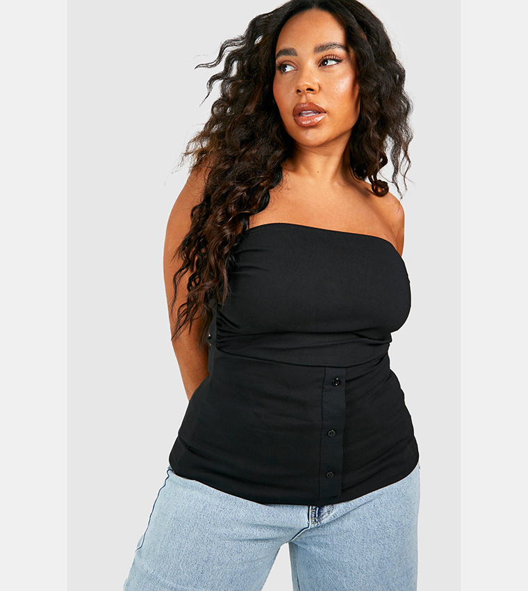 Buy Boohoo Ruched Bandeau Button Detail Top In Black 6thStreet
