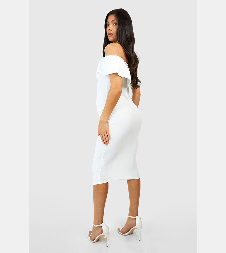 Buy Boohoo Maternity Volume Ruffle Bardot Midi Dress In White ...