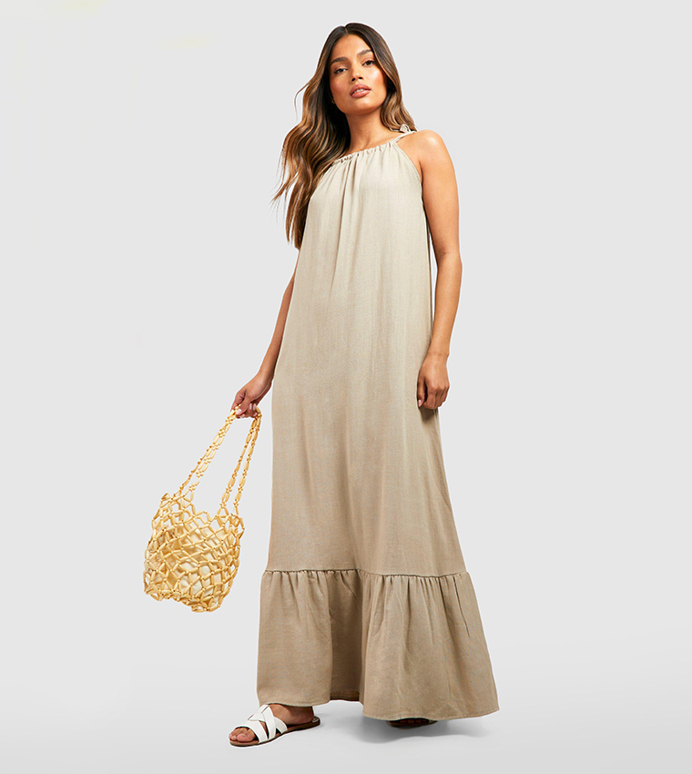 Buy Boohoo Linen Drop Hem Maxi Dress In STONE 6thStreet Bahrain