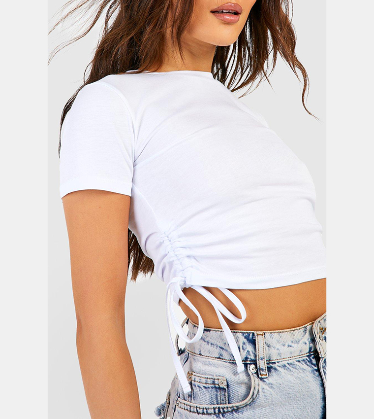 Women's Rib Ruched Side Tee in White