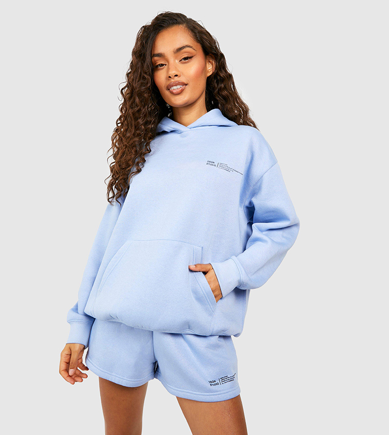 Design Studio Text Print Slogan Hooded Short Tracksuit