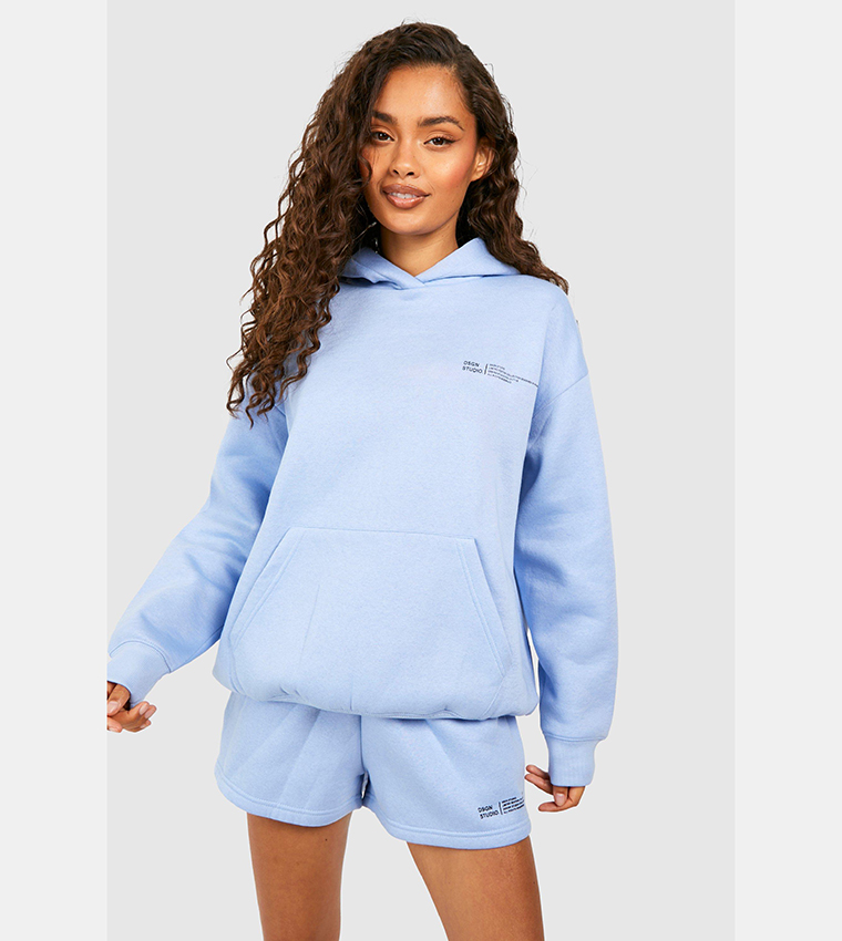 Design Studio Text Print Slogan Hooded Short Tracksuit
