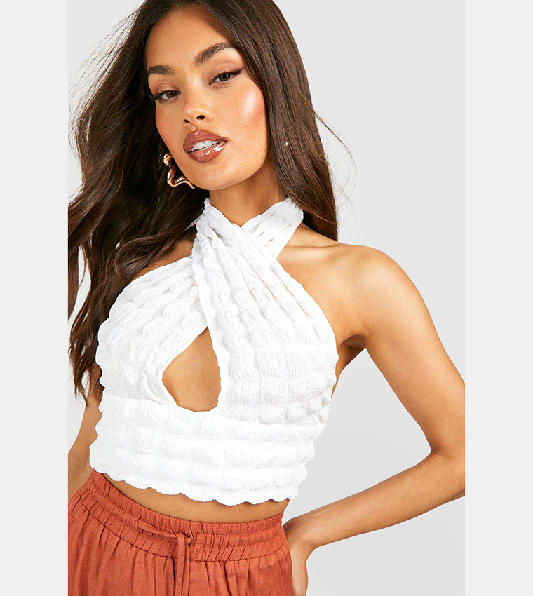 White Textured Halter Crop Top, Tops