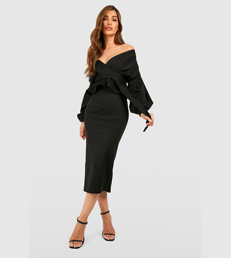 black off the shoulder peplum dress Buy Boohoo Off The Shoulder Peplum Maxi Dress In Black