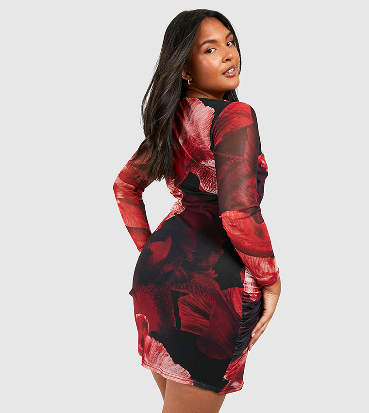 Buy Boohoo Abstract Floral Print Mesh Bodycon Dress In Red