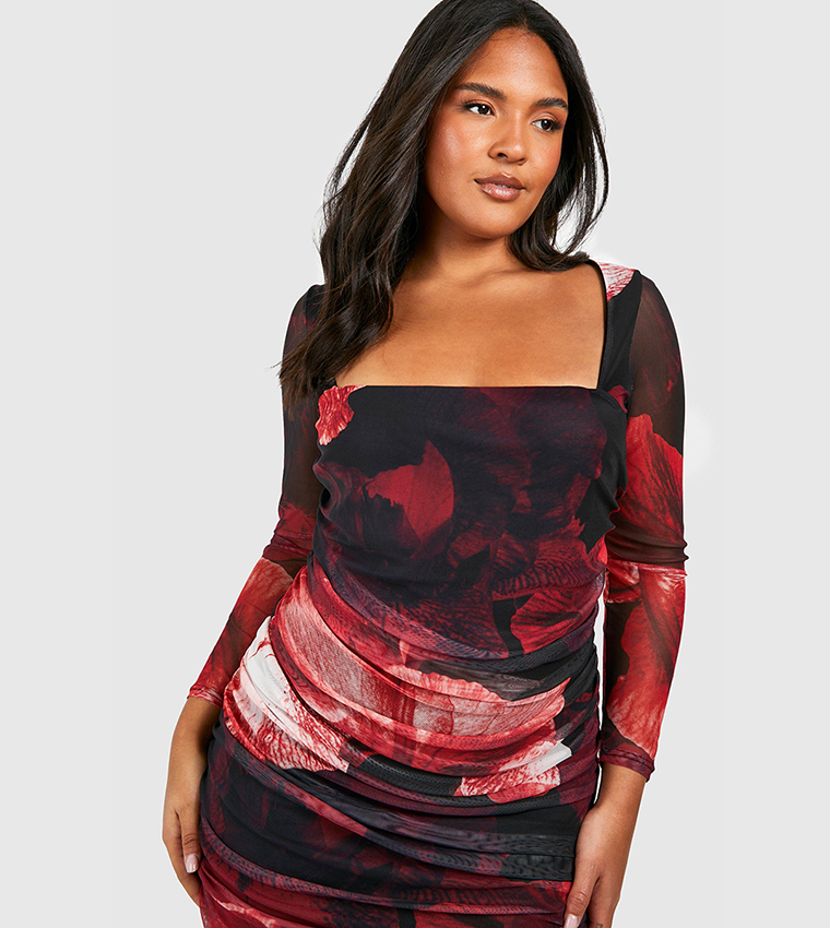 Buy Boohoo Abstract Floral Print Mesh Bodycon Dress In Red - Main Image