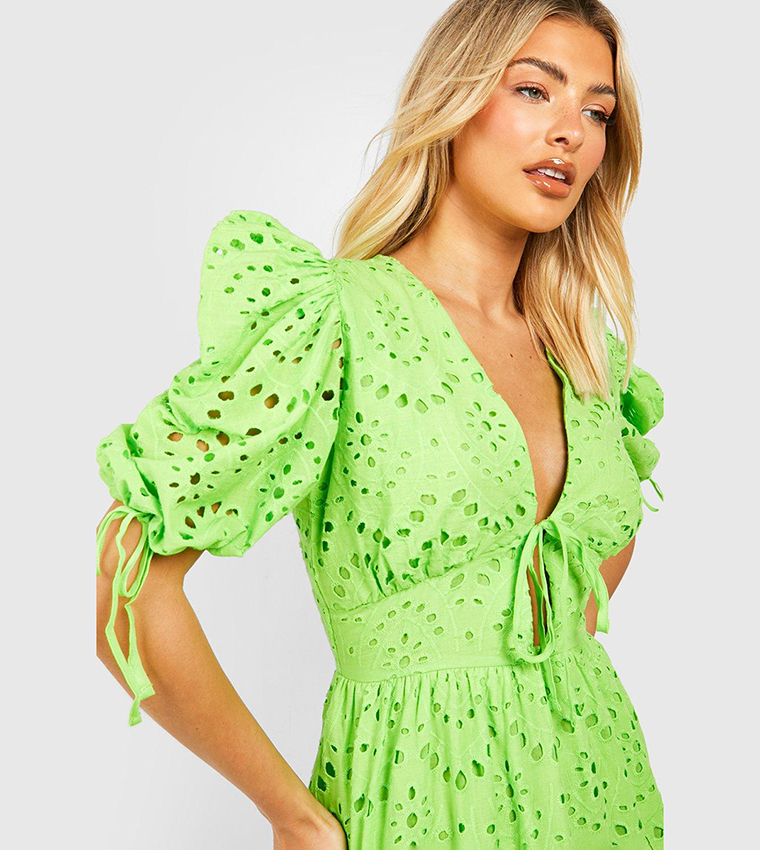 Buy Boohoo Outlet Broderie Puff Sleeves Tie Front Maxi Dress In Lime |  6thstreet Qatar