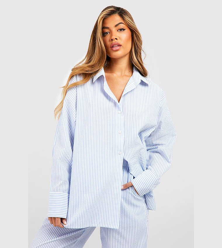 Buy Boohoo Cotton Pinstripe Oversized Pajama Shirt In Blue