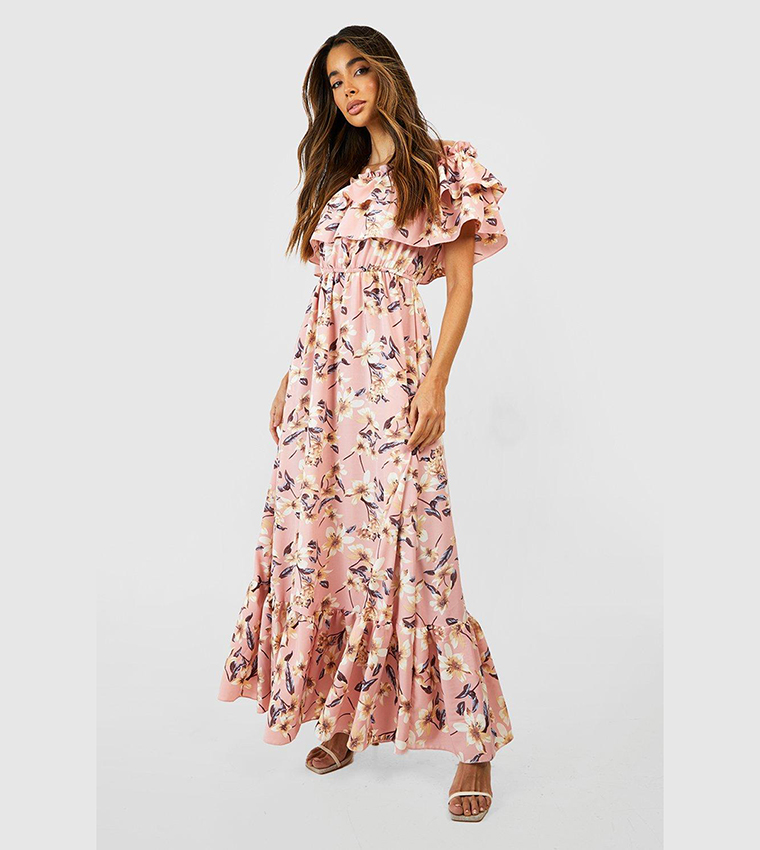 boohoo floral off the shoulder maxi dress boohoo Women's Plus Asymmetric Floral Mesh Maxi Dress in Chocolate
