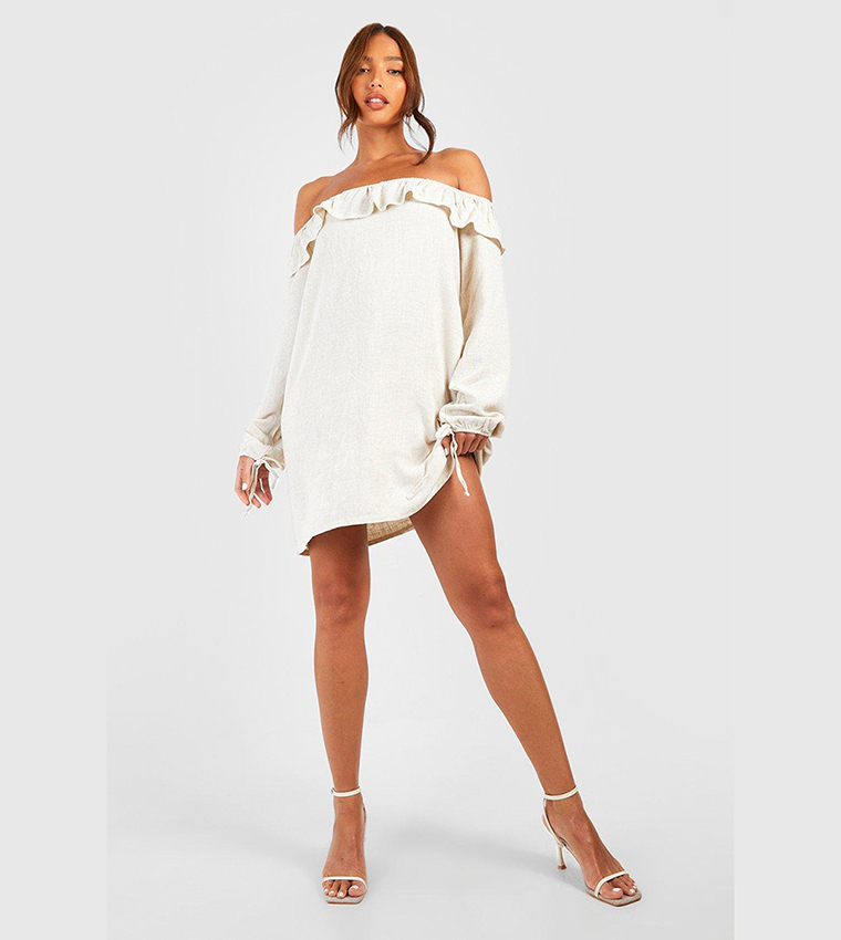 tall linen mini dress Ivory Tall Linen Embroidered Strappy Woven Mini Dress