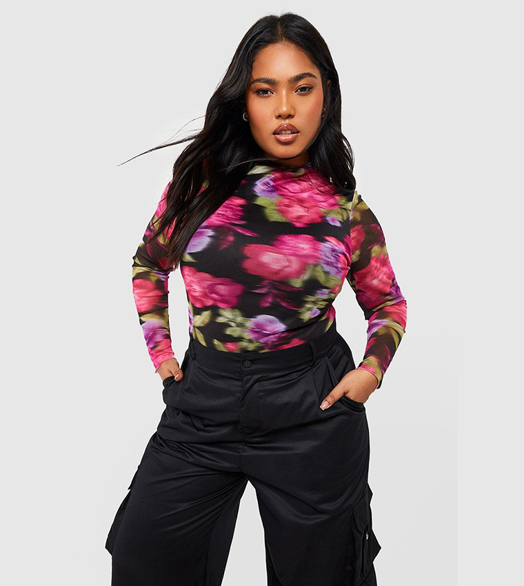 Buy Boohoo Blurred Floral Mesh Top In Black