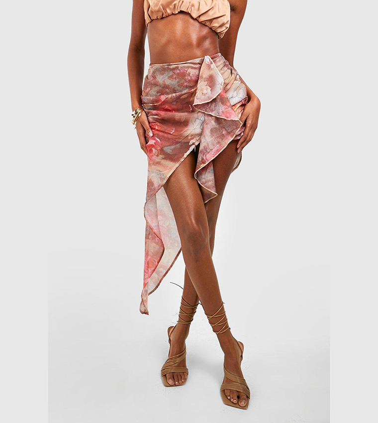 Chiffon Ruffle Floral Asymmetric Skirt