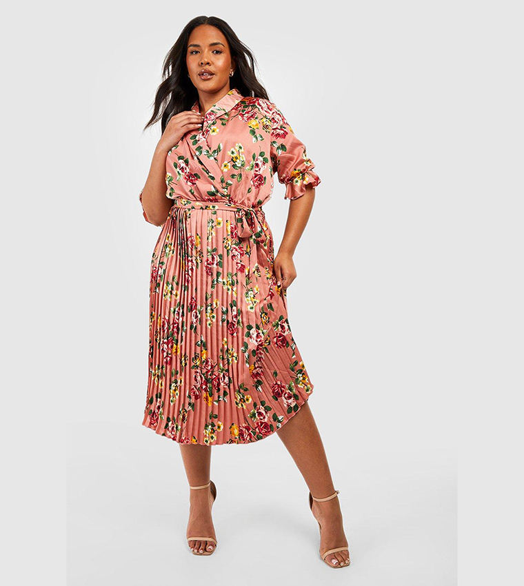 Pink floral pleated hotsell midi dress