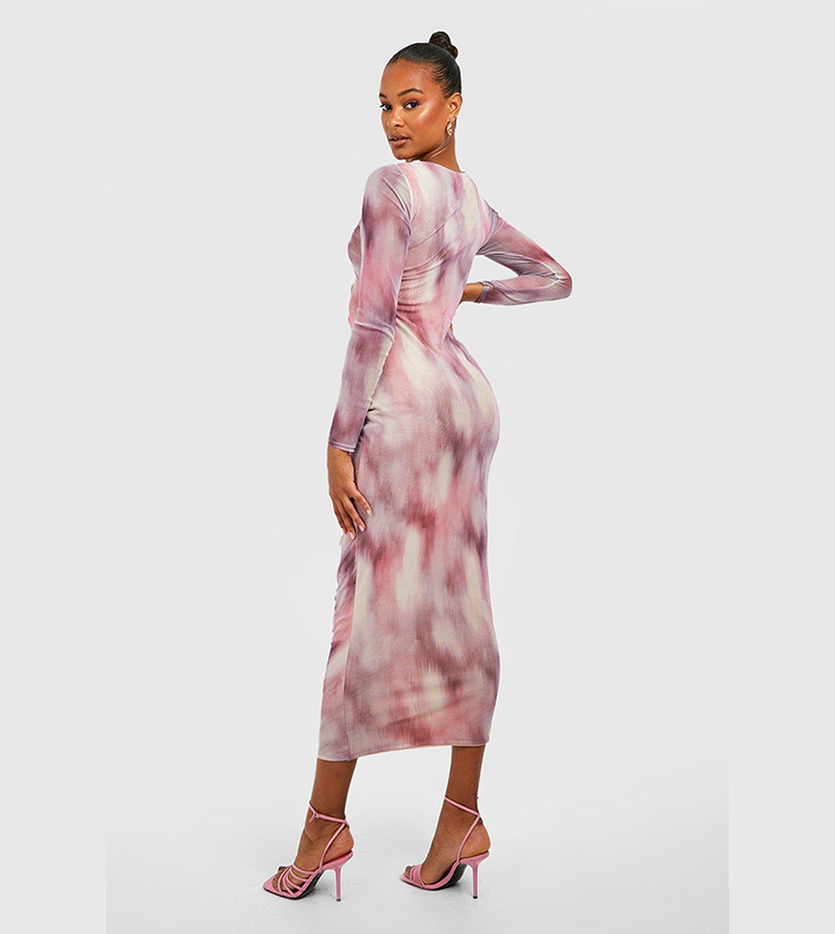 knee length dresses for ladies Hot Pink Luxe Marble Print Mesh Ruched Slit Tube Maxi Dress – Aquarius Brand main image 0