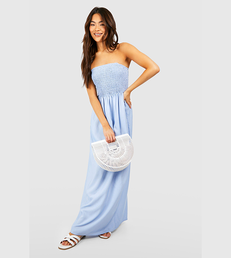 Buy Boohoo Shirred Bandeau Chambray Maxi Dress In Light Blue