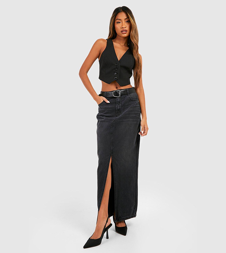 Buy Boohoo Split Front Denim Maxi Skirt In Black