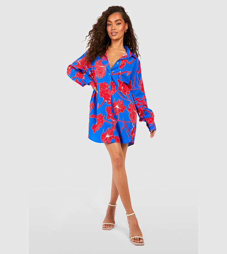 Buy Boohoo Abstract Floral Shirt Dress In COBALT 6thStreet Qatar