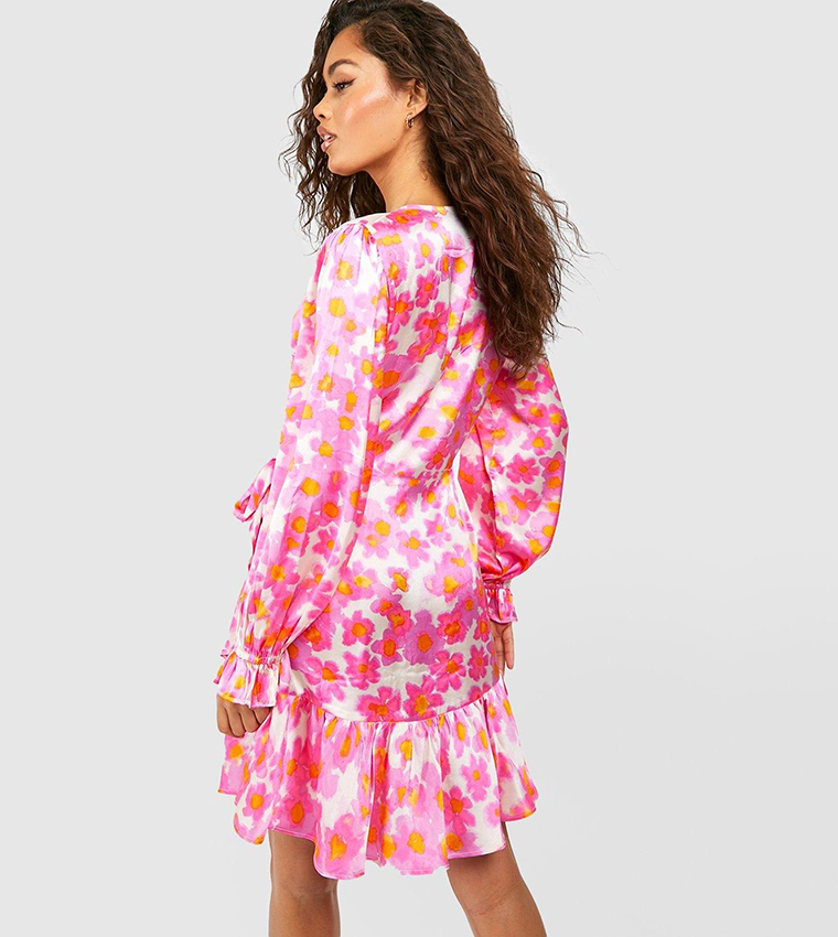 Floral Print Satin Ruffle Wrap Skater Mini Dress