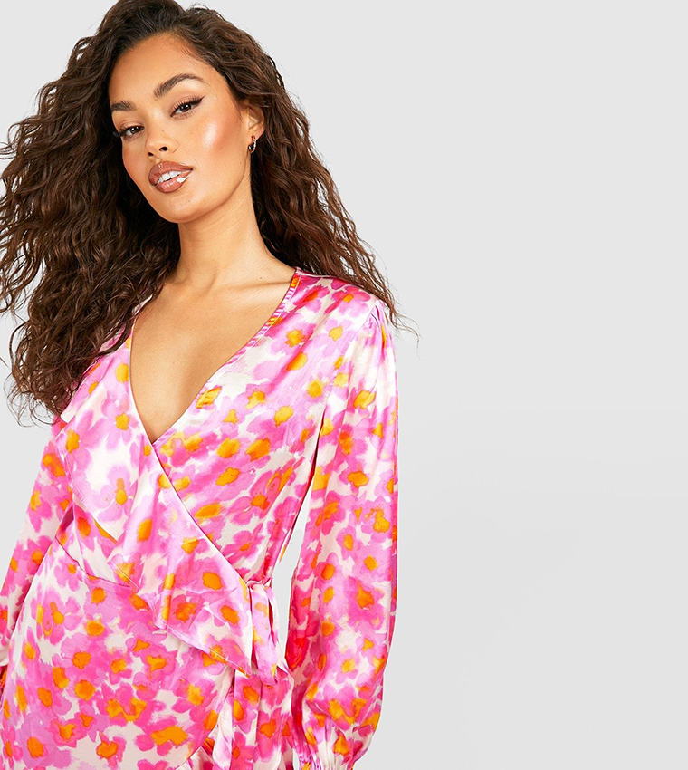 Floral Print Satin Ruffle Wrap Skater Mini Dress
