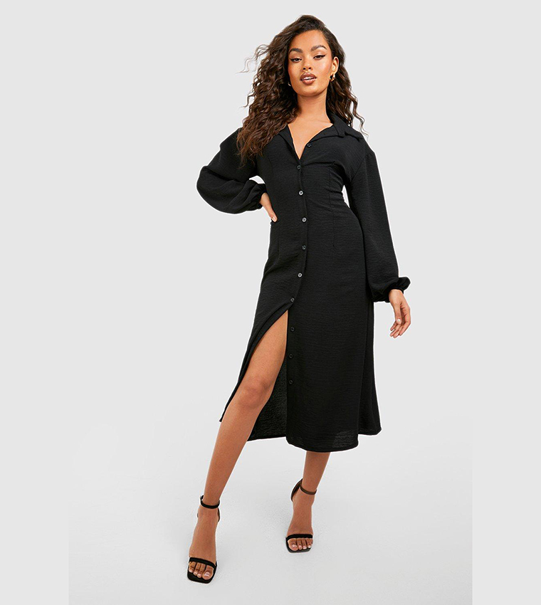 Buy Boohoo Hammered Volume Sleeves Maxi Shirt Dress In Black
