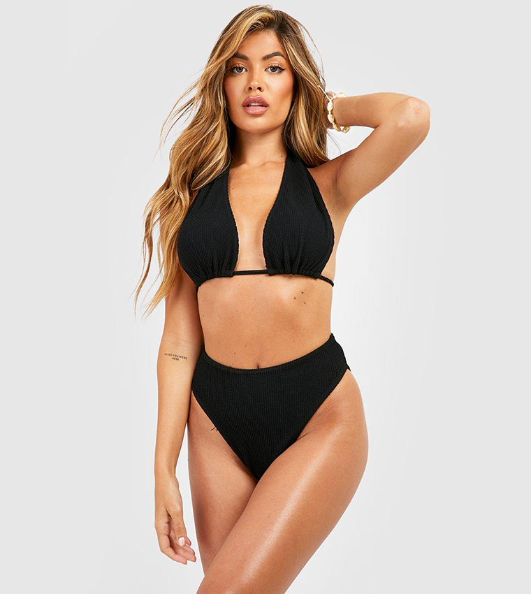 Buy Boohoo Crinkle Fuller Bust Plunge Bikini Top In Black