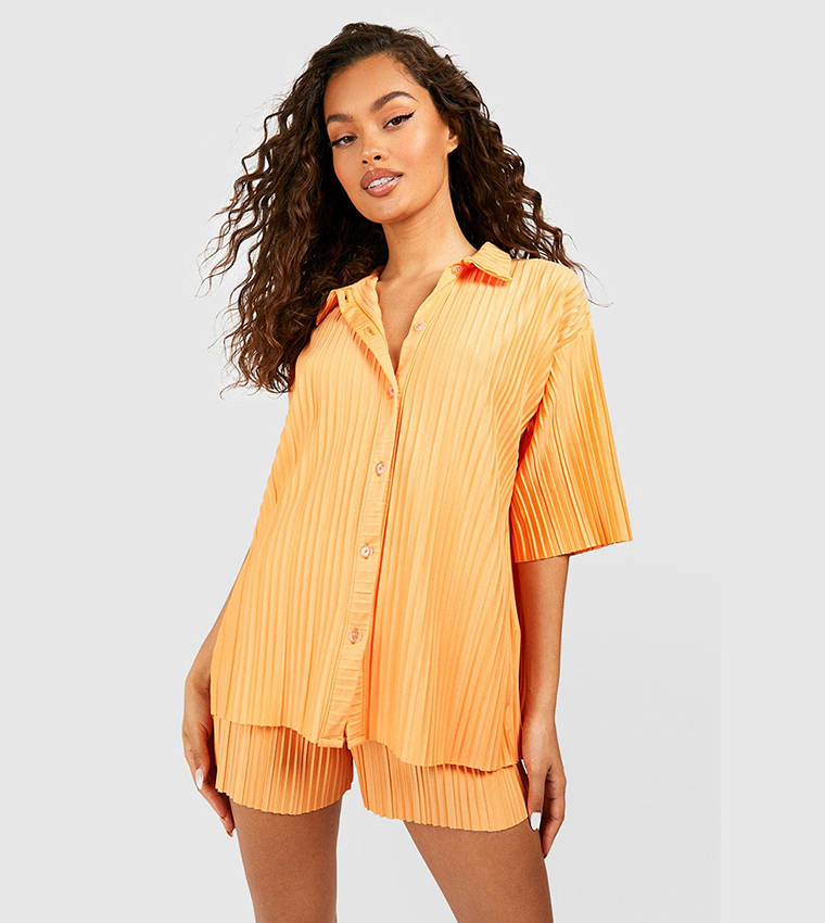 Buy Boohoo Matte Plisse Relaxed Fit T Shirt In Orange