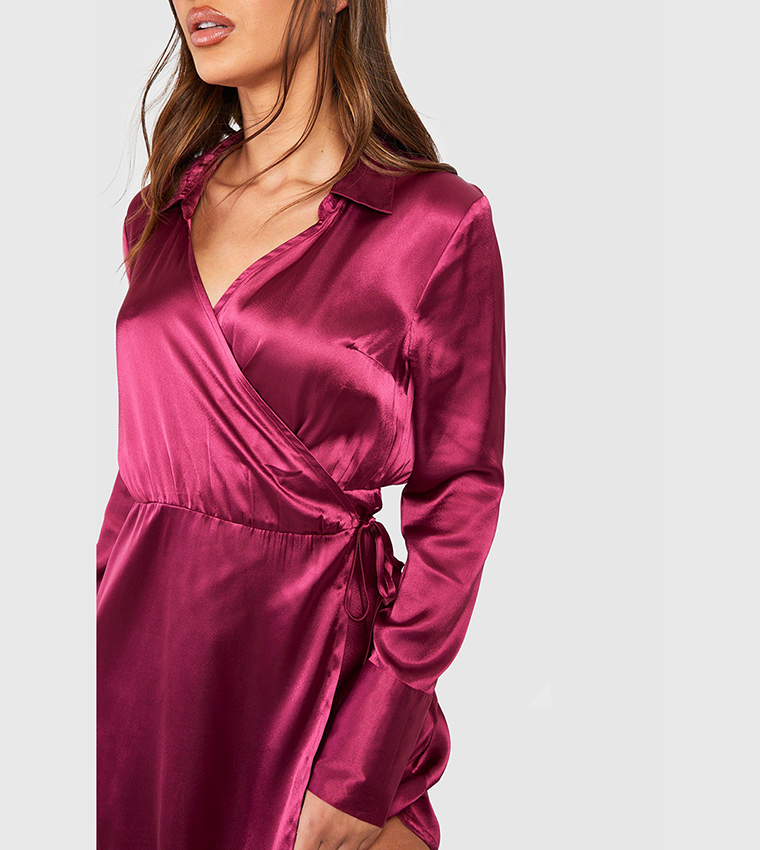 burgundy tight fitted prom dress Flowing Champagne Satin Wrap Dress In Cinnamon – Impressions Online Boutique main image 0