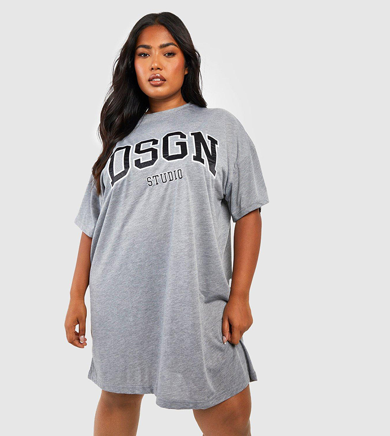 Buy Boohoo Applique Design Studio Oversized T Shirt Dress In GREY MARL