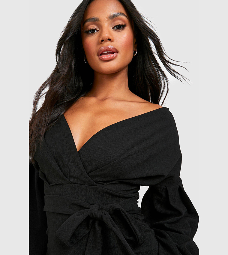 Open shoulder wrap dress sale