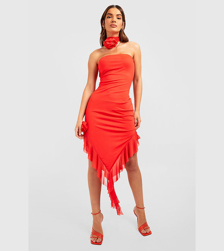 boohoo orange ruffle dress Orange Plus Printed Ruffle Maxi Dress
