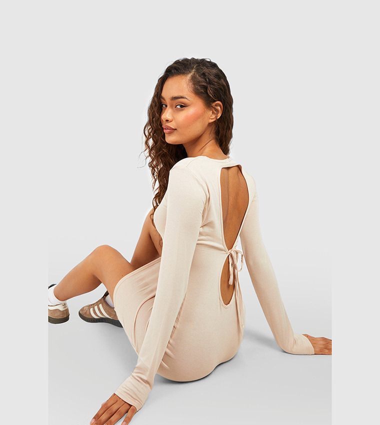 long sleeve cut out mini dress in stone Long Sleeve Zip Front Contour Detail Mini Dress In Stone Knit | EGO US