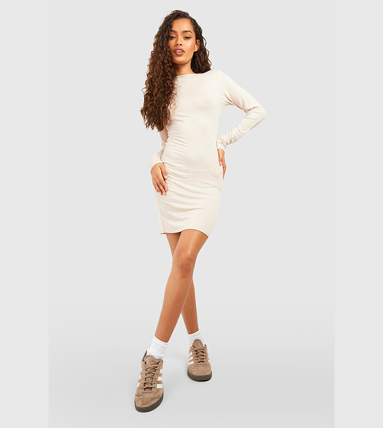 long sleeve cut out mini dress in stone long sleeve cut out mini dress in stone Long sleeve cut out minidress Hunter Green / SMALL