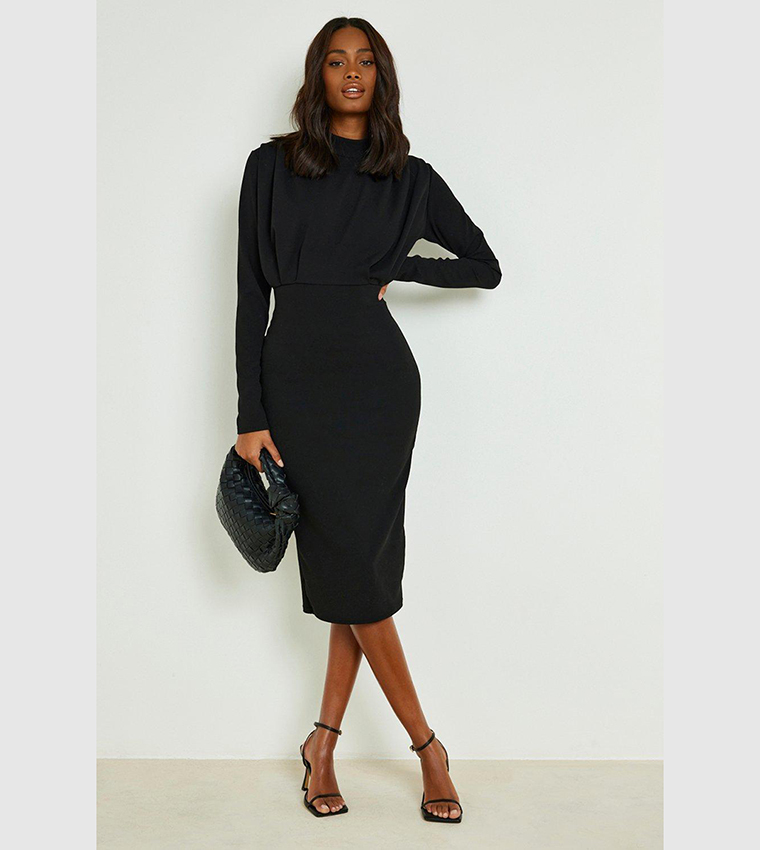 Buy Boohoo Pleat Detail High Neck Midi Dress In Black 6thStreet Bahrain