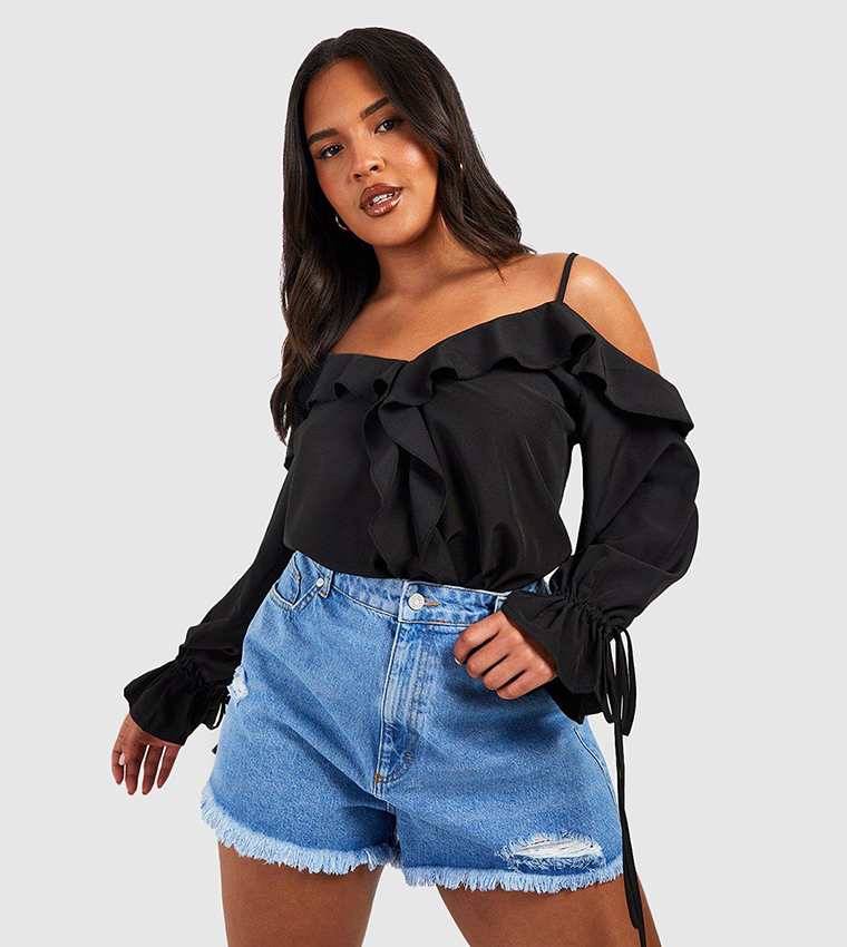 Buy Boohoo Ruffle Front Cold Shoulder Top In Black 6thStreet Qatar