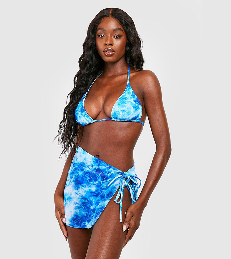 Buy Boohoo Tie Dye 3 Piece Triangle Bikini And Sarong Set In Blue