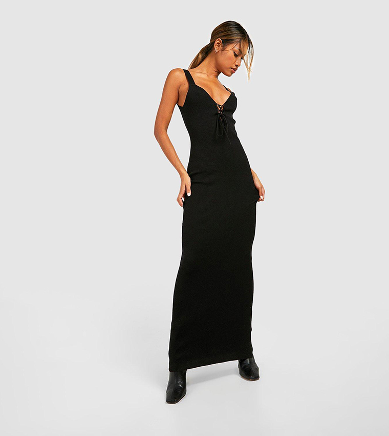 Buy Boohoo Plunge Lace Up Rin Knit Maxi Dress In Black | 6thstreet Oman Buy Boohoo Plunge Lace Up Rin Knit Maxi Dress In Black | 6thstreet Oman